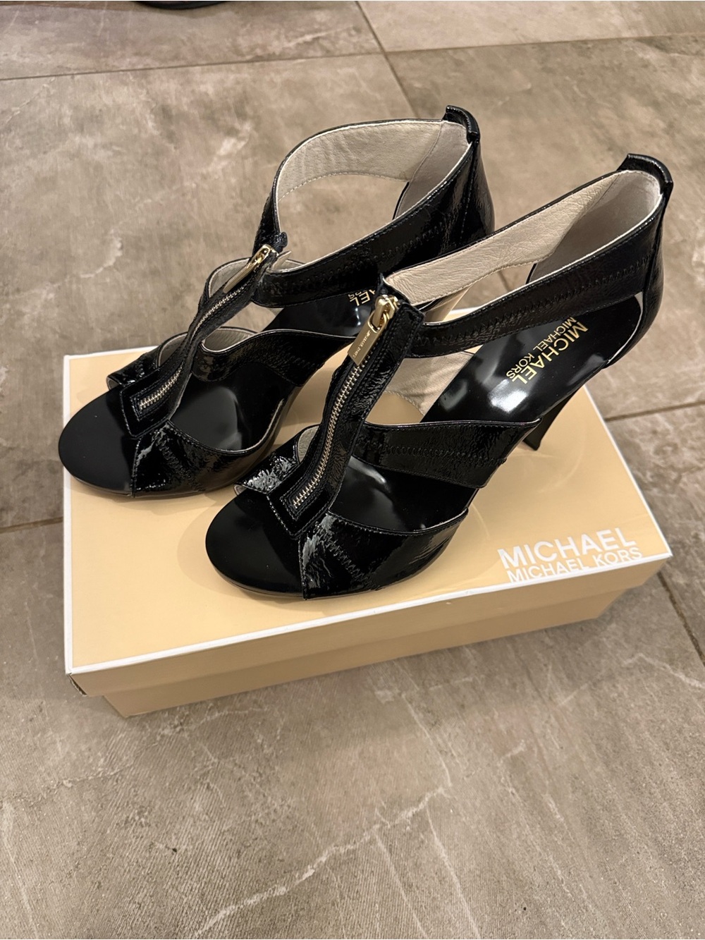 Michael Kors Black Patent Front-Zip Strappy Heels NWT